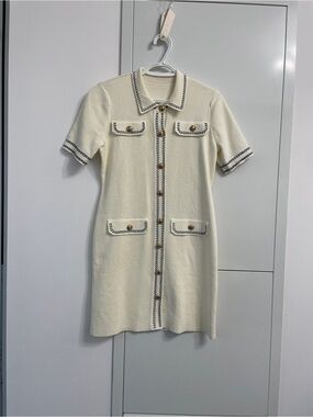 Cream Knit Dress with Navy Contrast Trim | Classic Preppy Vintage Style